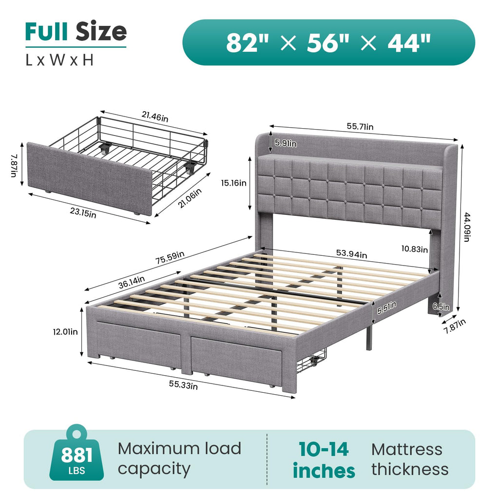 Full Upholstered Platform Bed Frame with Storage Drawers T534