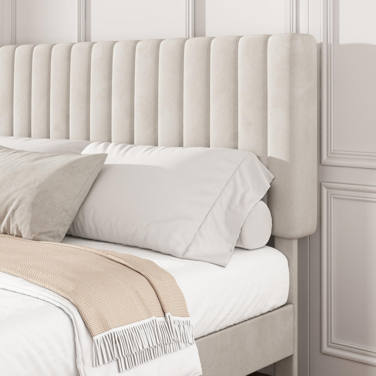 Beige Queen Velvet Bed Frame Y5032