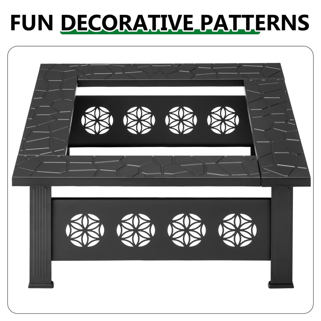 32 Inch Square Wood Burning Fire Pit Table with Spark Screen Lid and Fire Poker T229492