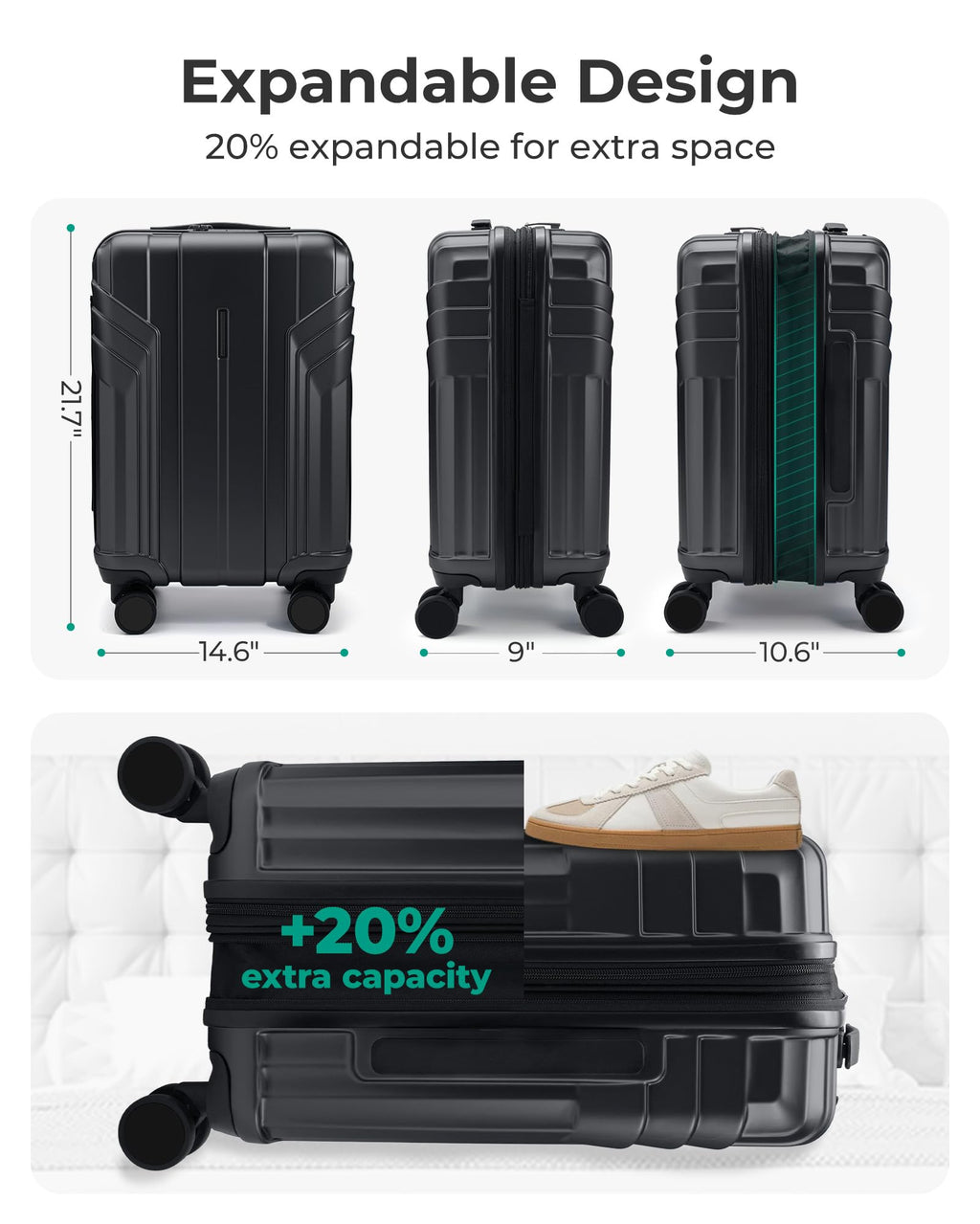 Expandable Carry On Luggage 22x14x9 Black J34171