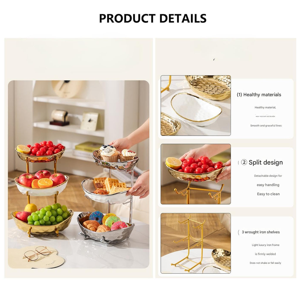 3 Tier Ceramic Fruit Bowl with Metal Stand N839