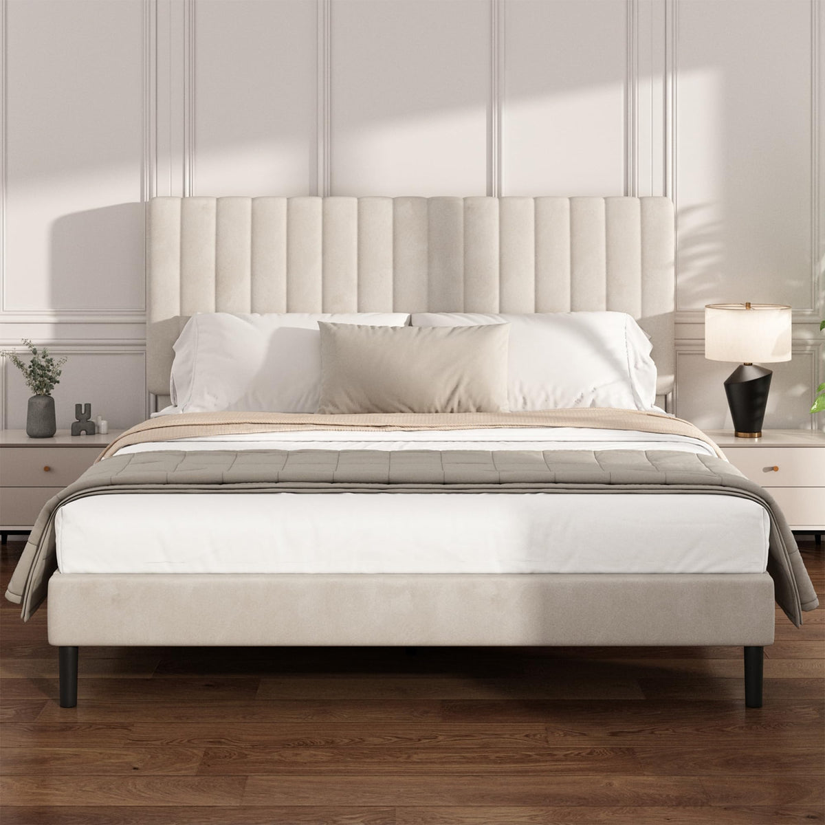 Beige Queen Velvet Bed Frame Y5032