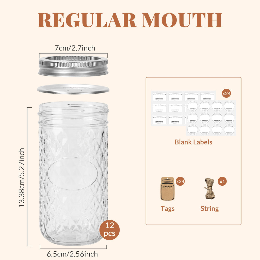 12 Pack 12oz Regular Mouth Glass Jars With Lids O18179