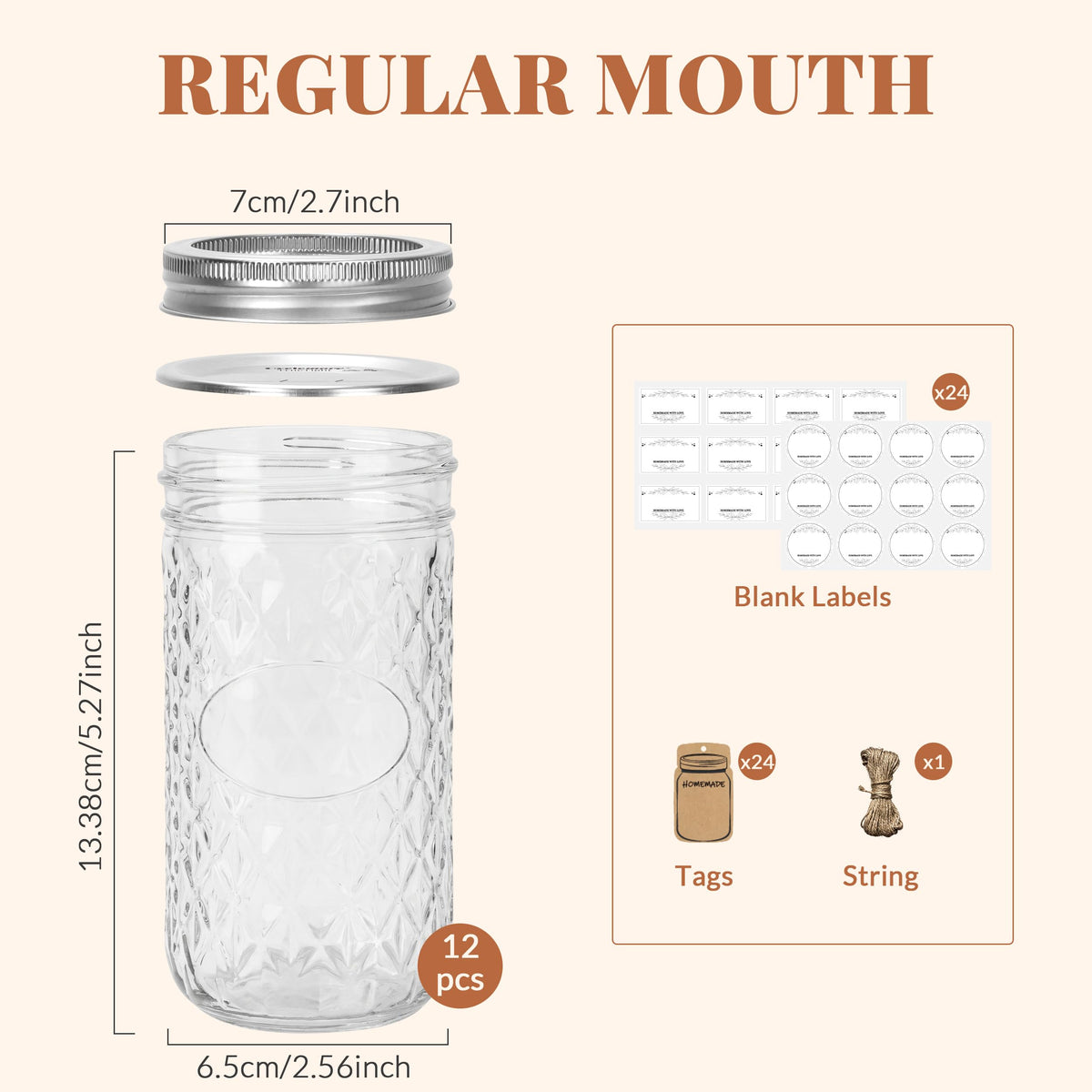 12 Pack 12oz Regular Mouth Glass Jars With Lids O18179