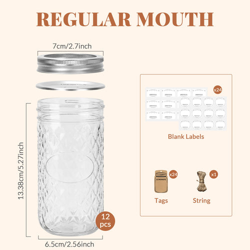 12 Pack 12oz Regular Mouth Glass Jars With Lids O18179