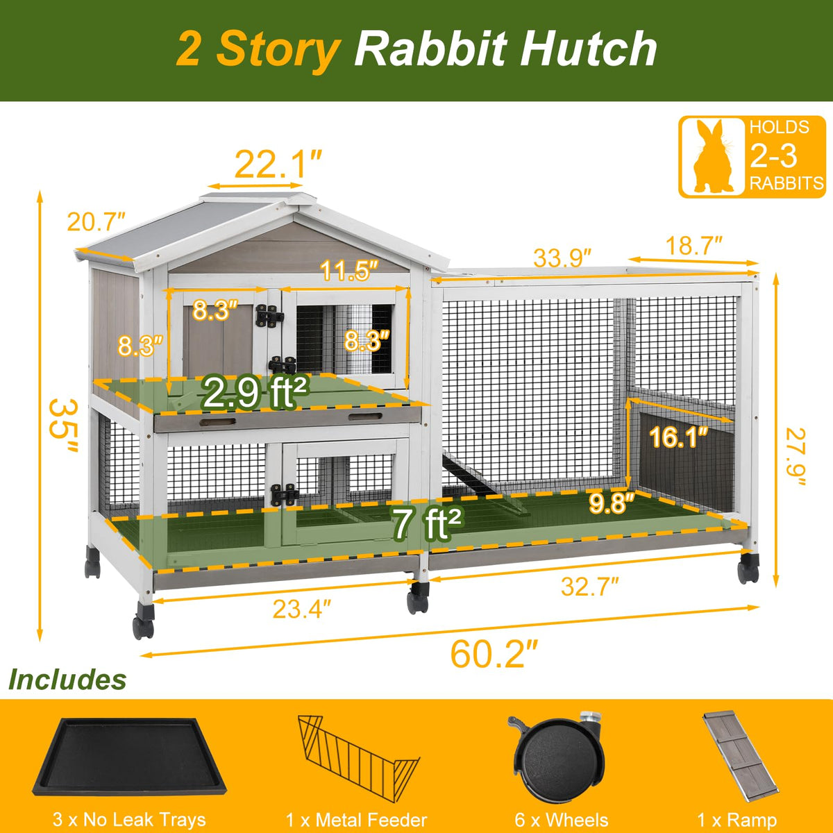 Large Rabbit Hutch with Run 2-Story Bunny Cage 6 Wheels T137343