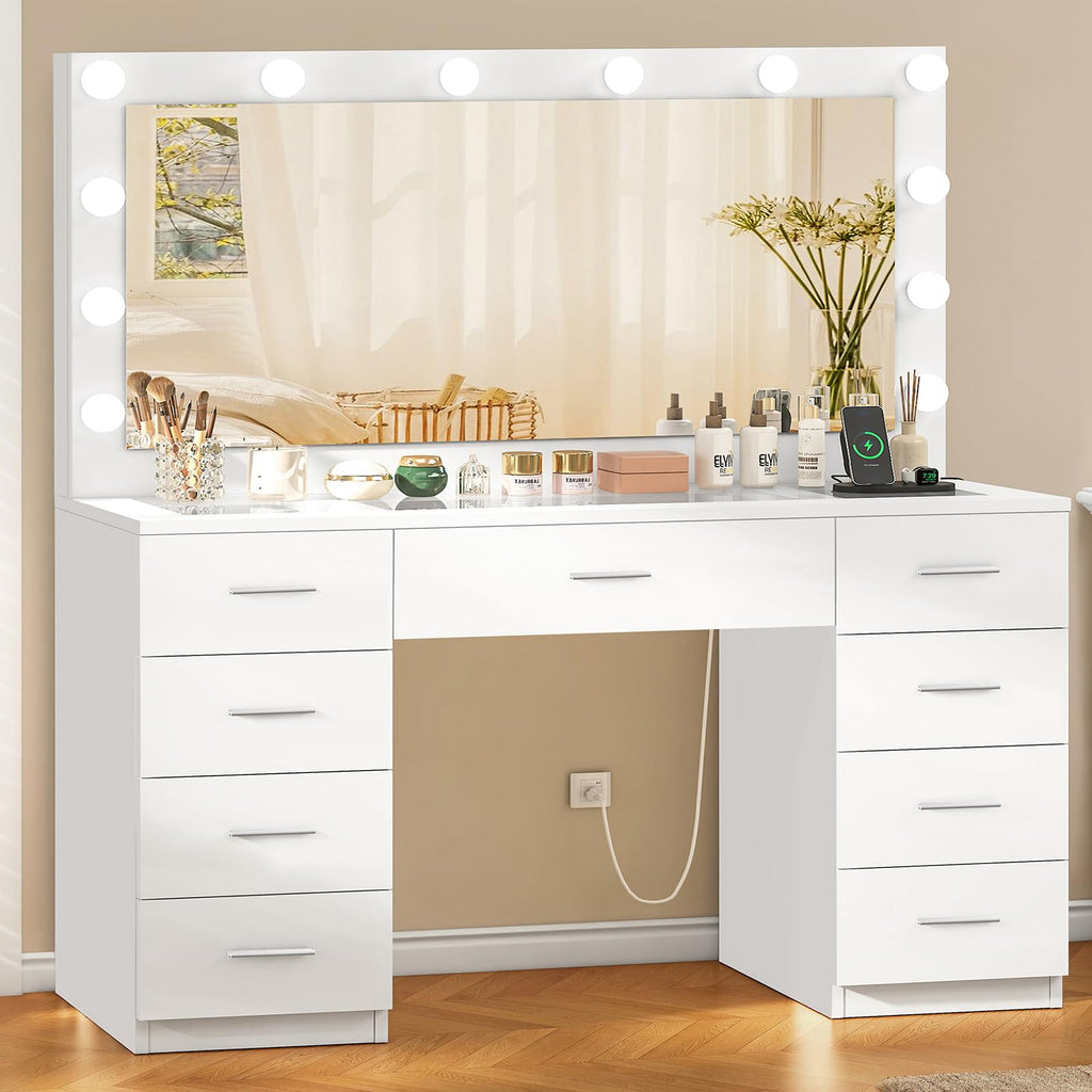 White Vanity Desk with Lighted Mirror and 9 Drawers X8015