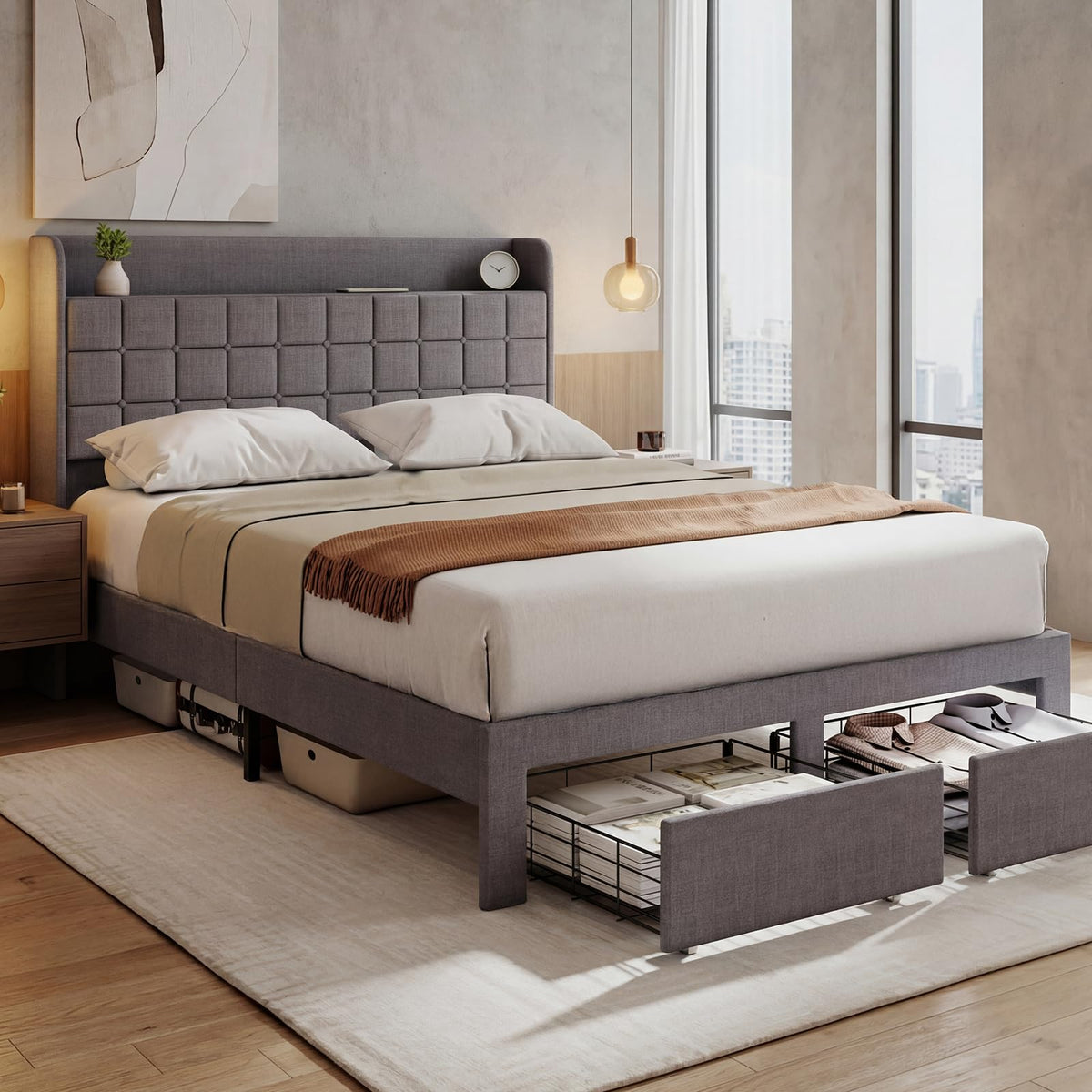 Full Upholstered Platform Bed Frame with Storage Drawers T534