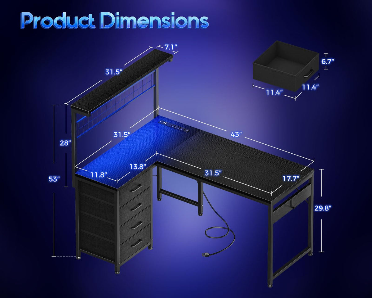 43" L Shaped Gaming Desk with Shelf & 4 Drawers Z593