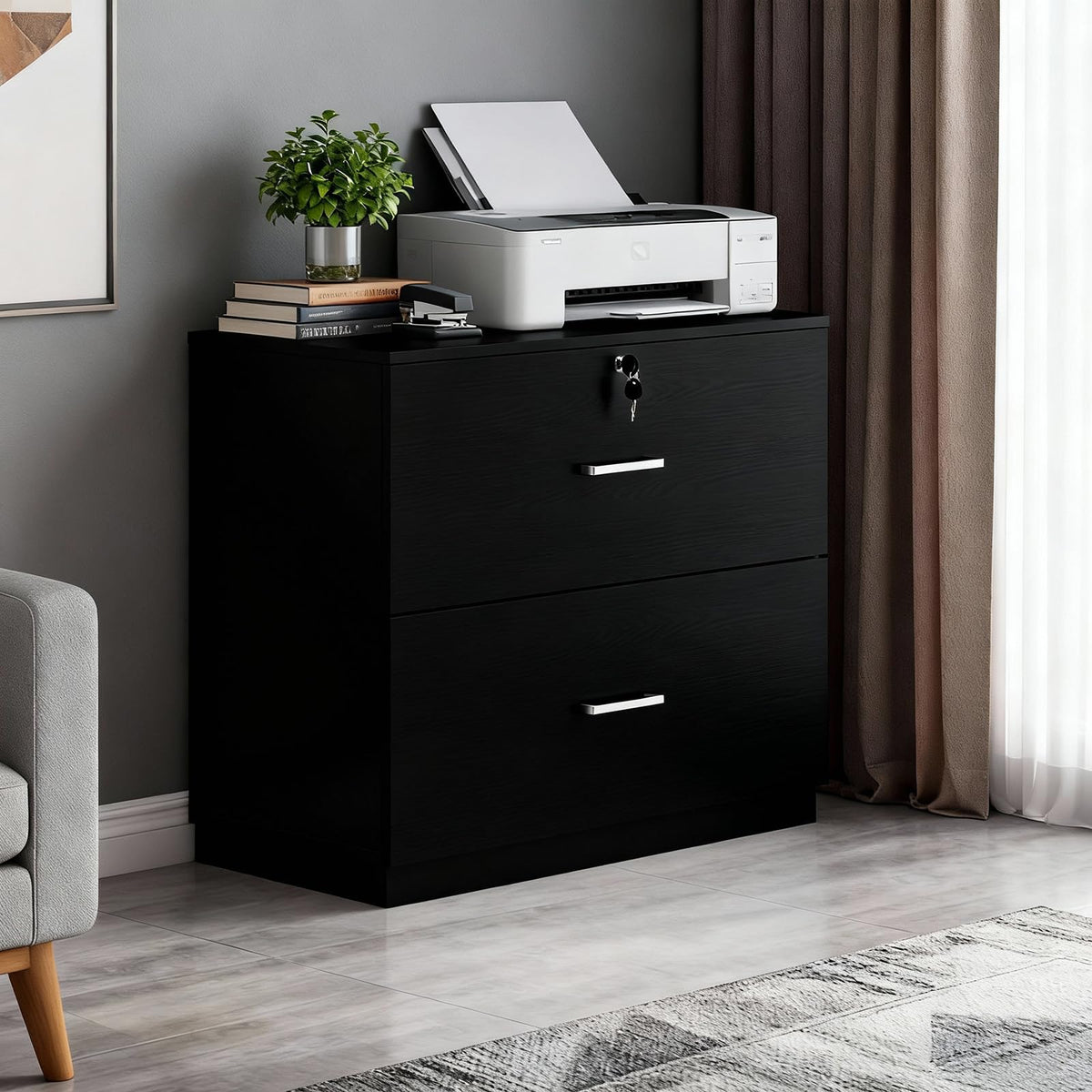 Black 2 Drawer Wood Lateral File Cabinet with Lock M255261