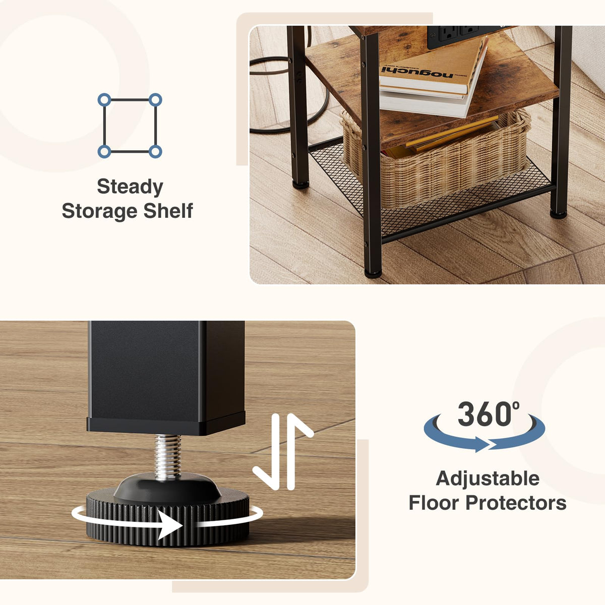 Nightstand with Charging Station, 3-Tier Bedside Table G457358