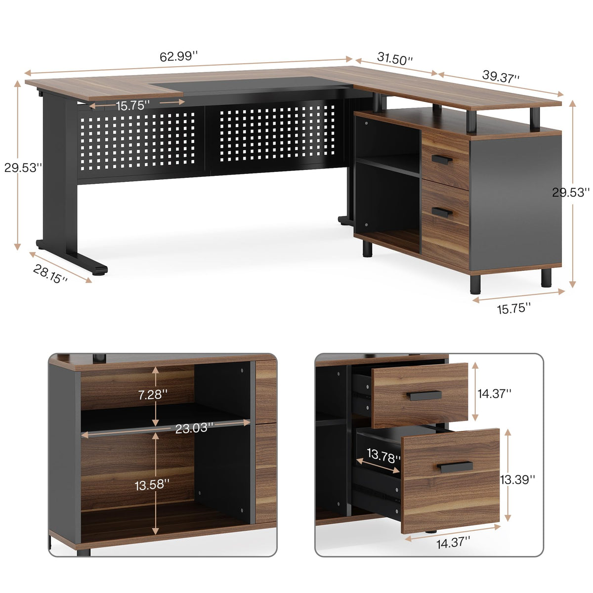 63 Inch L Shaped Computer Desk with File Cabinet and Storage Shelves X399720