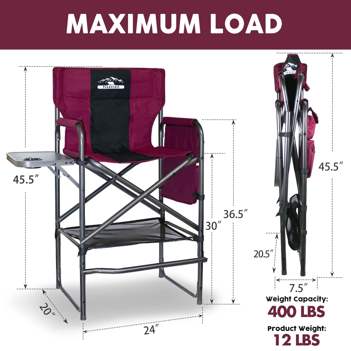 Wine Red Black Bar Height Folding Chair with Side Table N55558