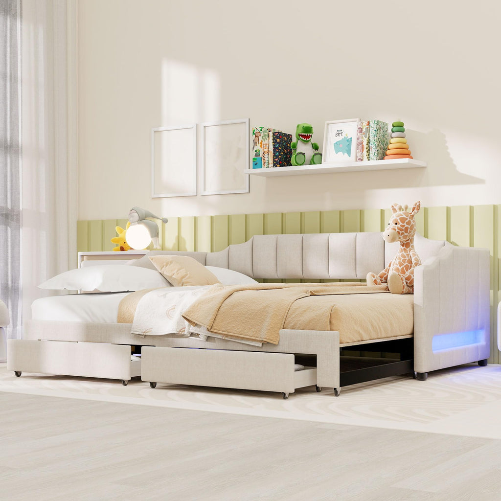 Twin XL to King Extendable Upholstered Daybed Frame with 2 Storage Drawers V167