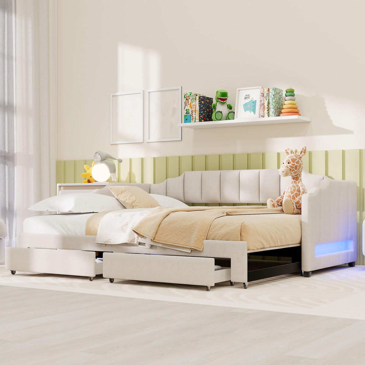 Twin XL to King Extendable Upholstered Daybed Frame with 2 Storage Drawers V167