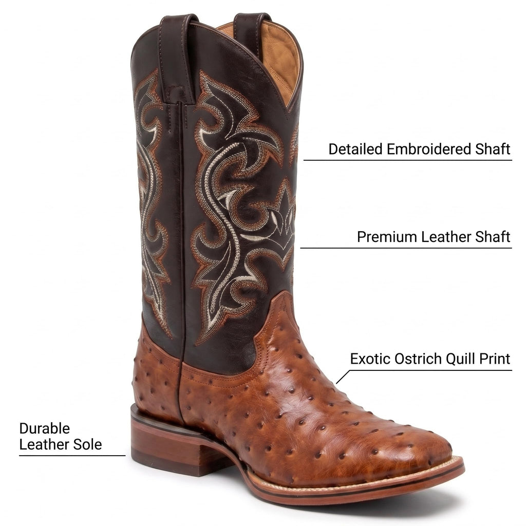 Genuine Cowhide Leather Ostrich Print Square Toe Western Boots Z80752