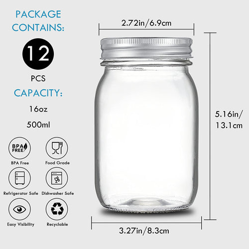 16 oz Clear Glass Mason Jars with Lids and Bands, 12 Pack H14174