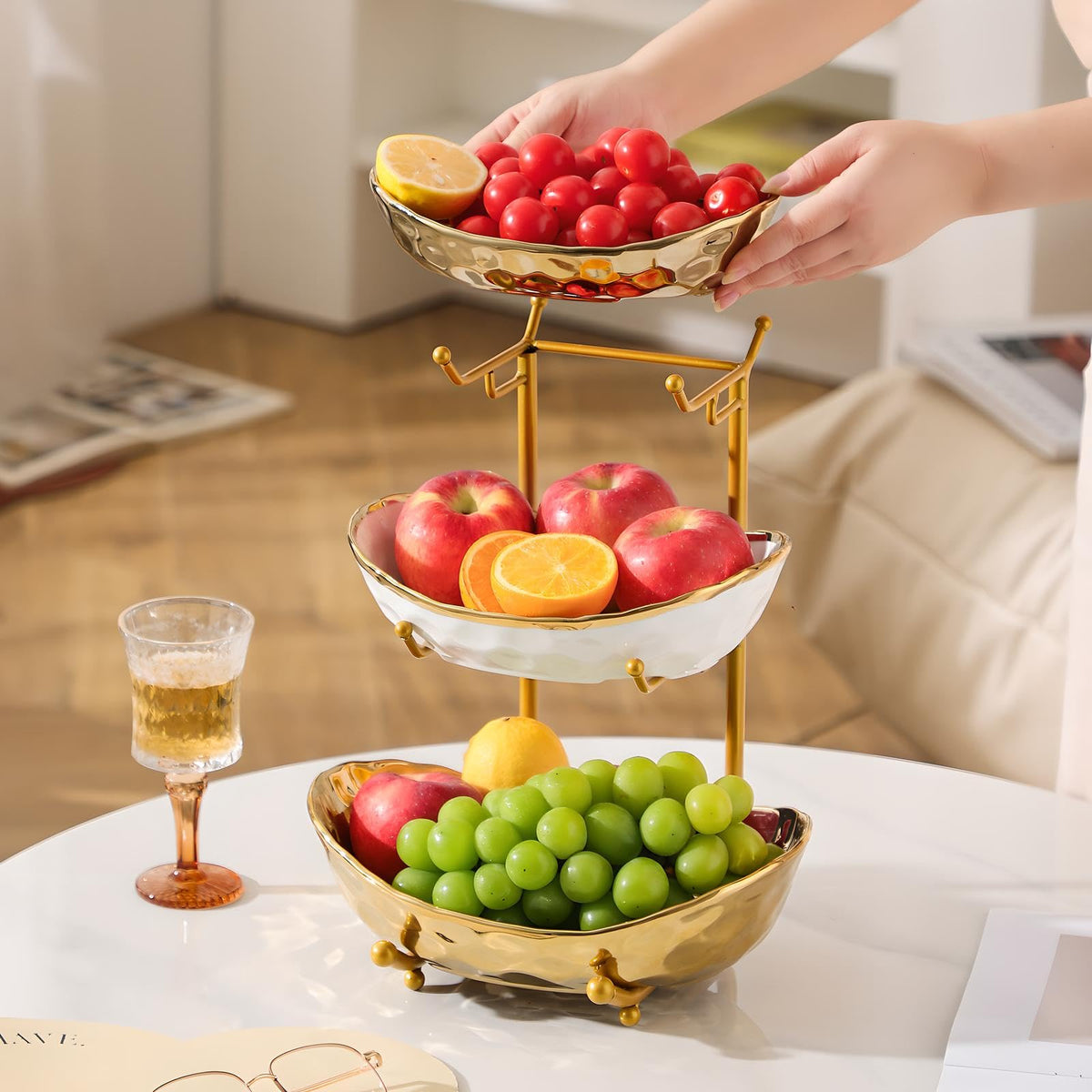 3 Tier Ceramic Fruit Bowl with Metal Stand N839
