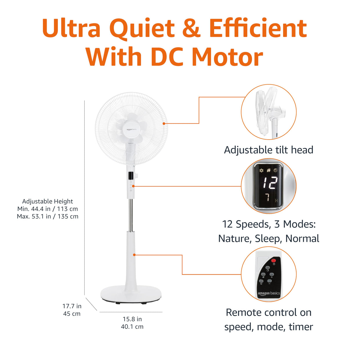 16-inch Quiet DC Motor Standing Floor Fan with Remote, White B413628