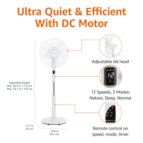 16-inch Quiet DC Motor Standing Floor Fan with Remote, White B413628