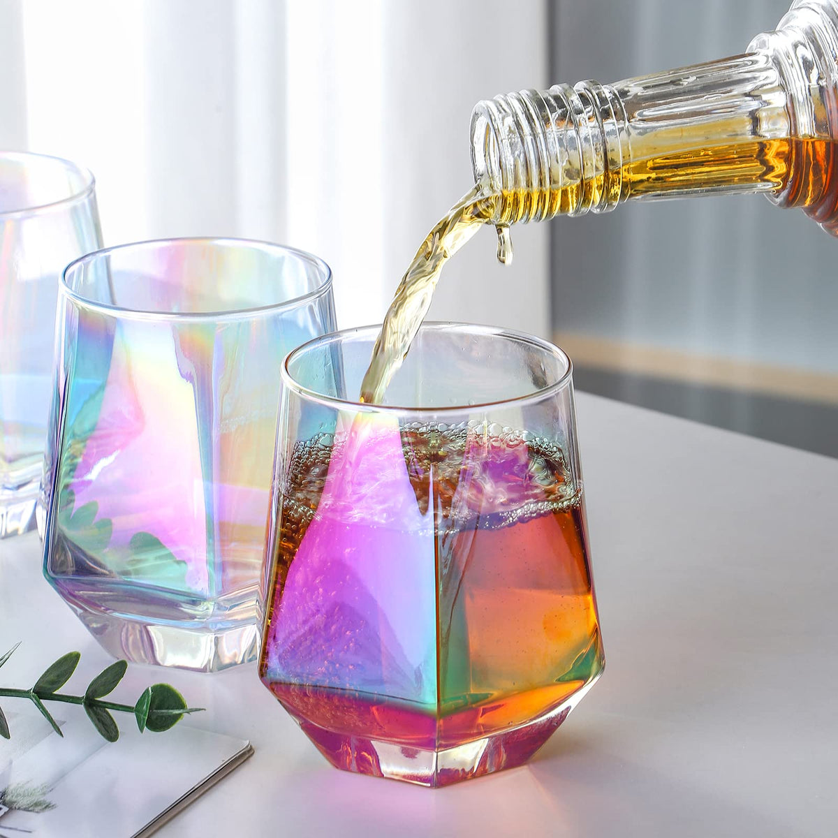 Stemless Wine Glasses Set of 6, 10 Oz Iridescent Diamond Shaped Glassware T219188