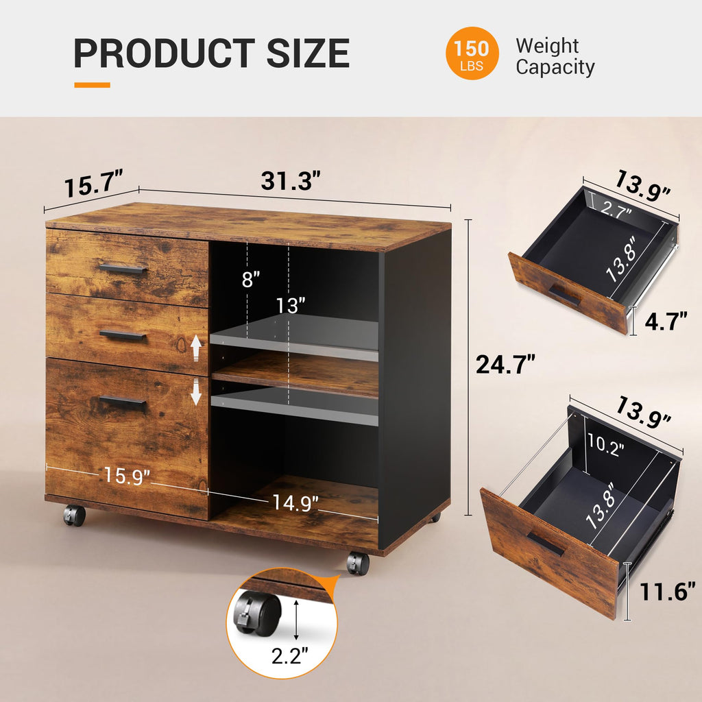 3 Drawer Wood File Cabinet with Storage Shelf F4484