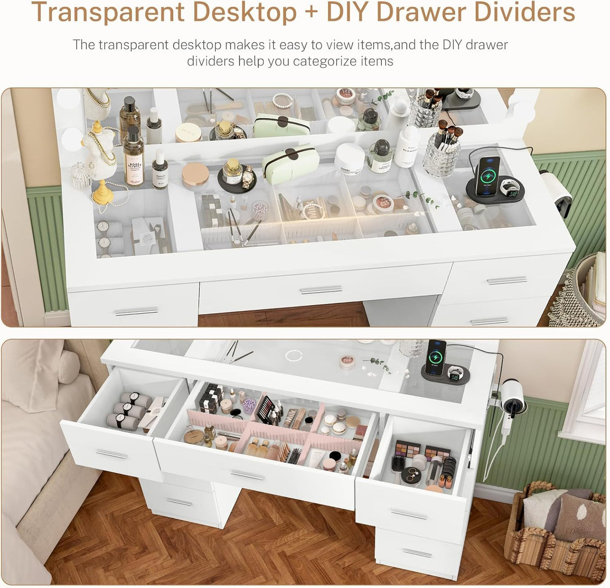 White Vanity Desk with Lighted Mirror and 9 Drawers X8015