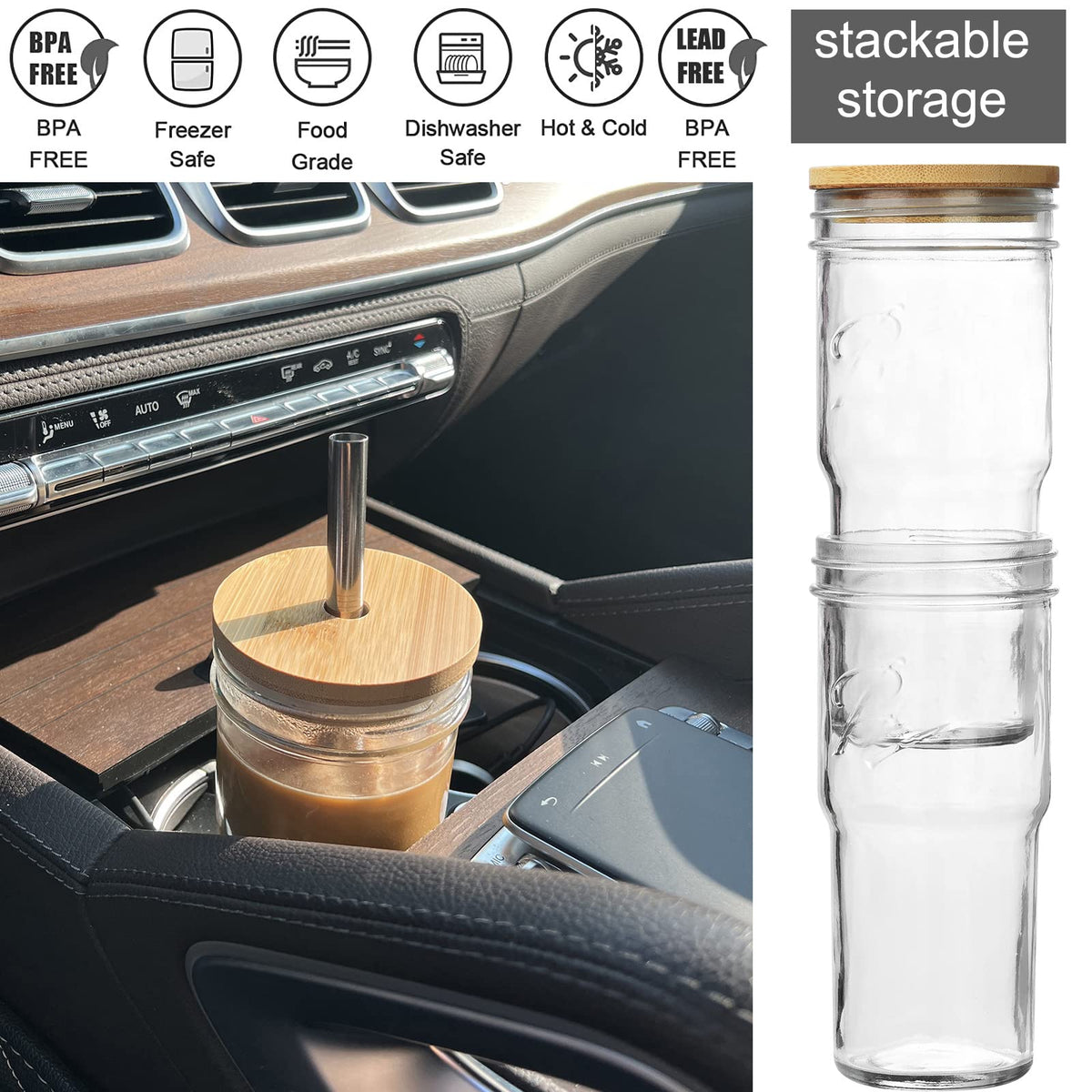 4-Pack 24 OZ Glass Cups with Bamboo Lids and Straws J717