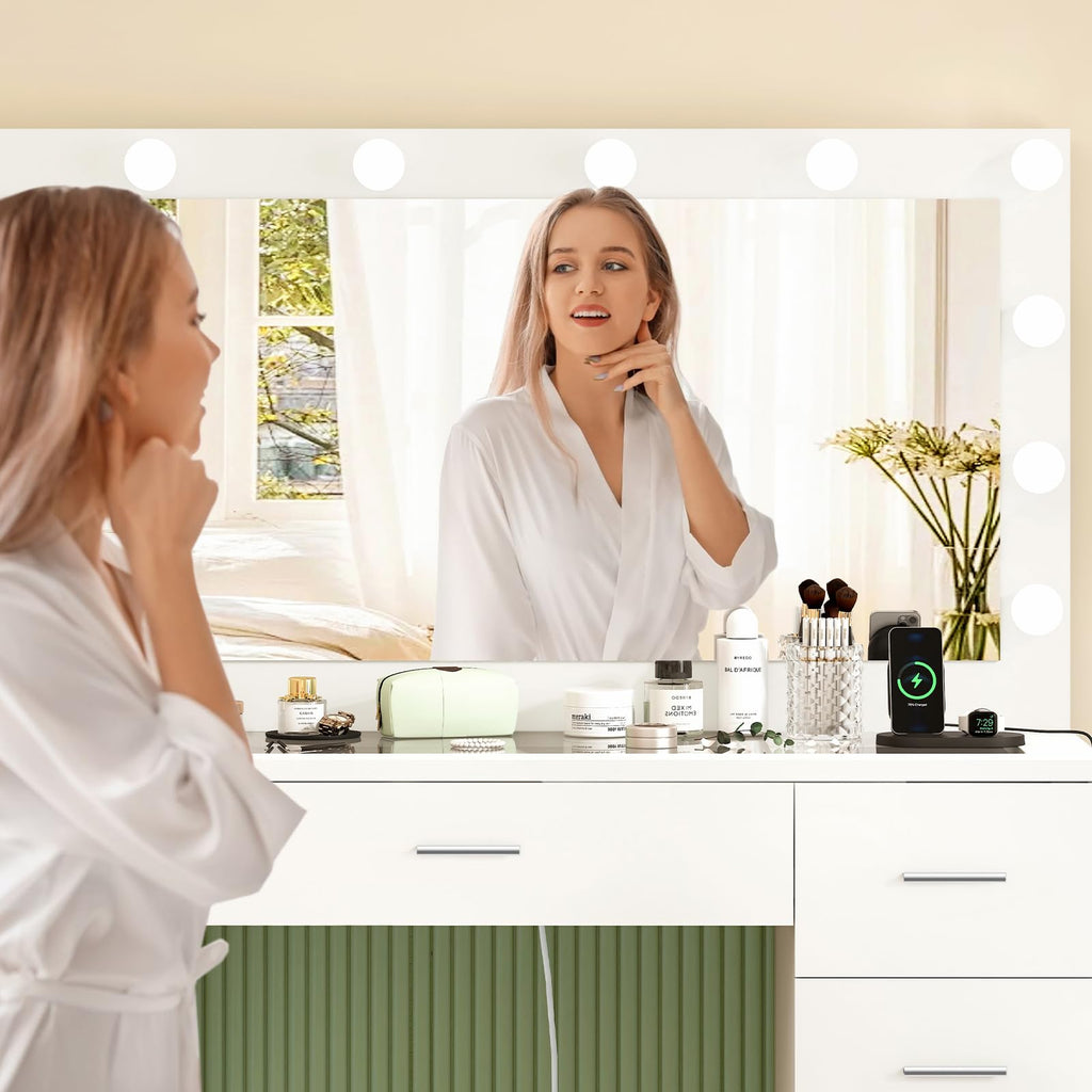 White Vanity Desk with Lighted Mirror and 9 Drawers X8015