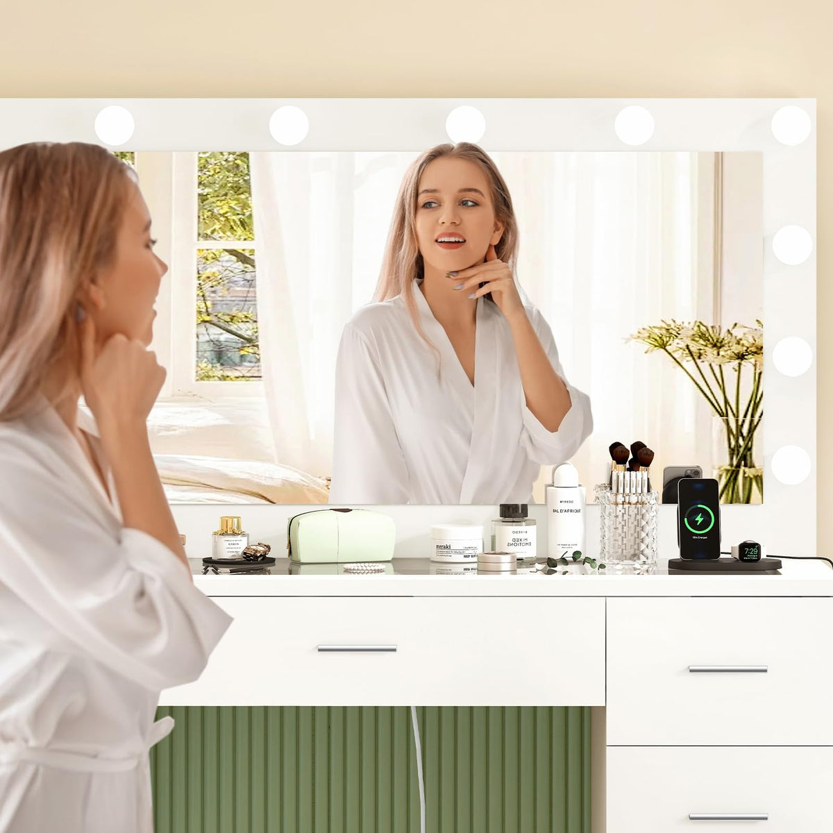 White Vanity Desk with Lighted Mirror and 9 Drawers X8015