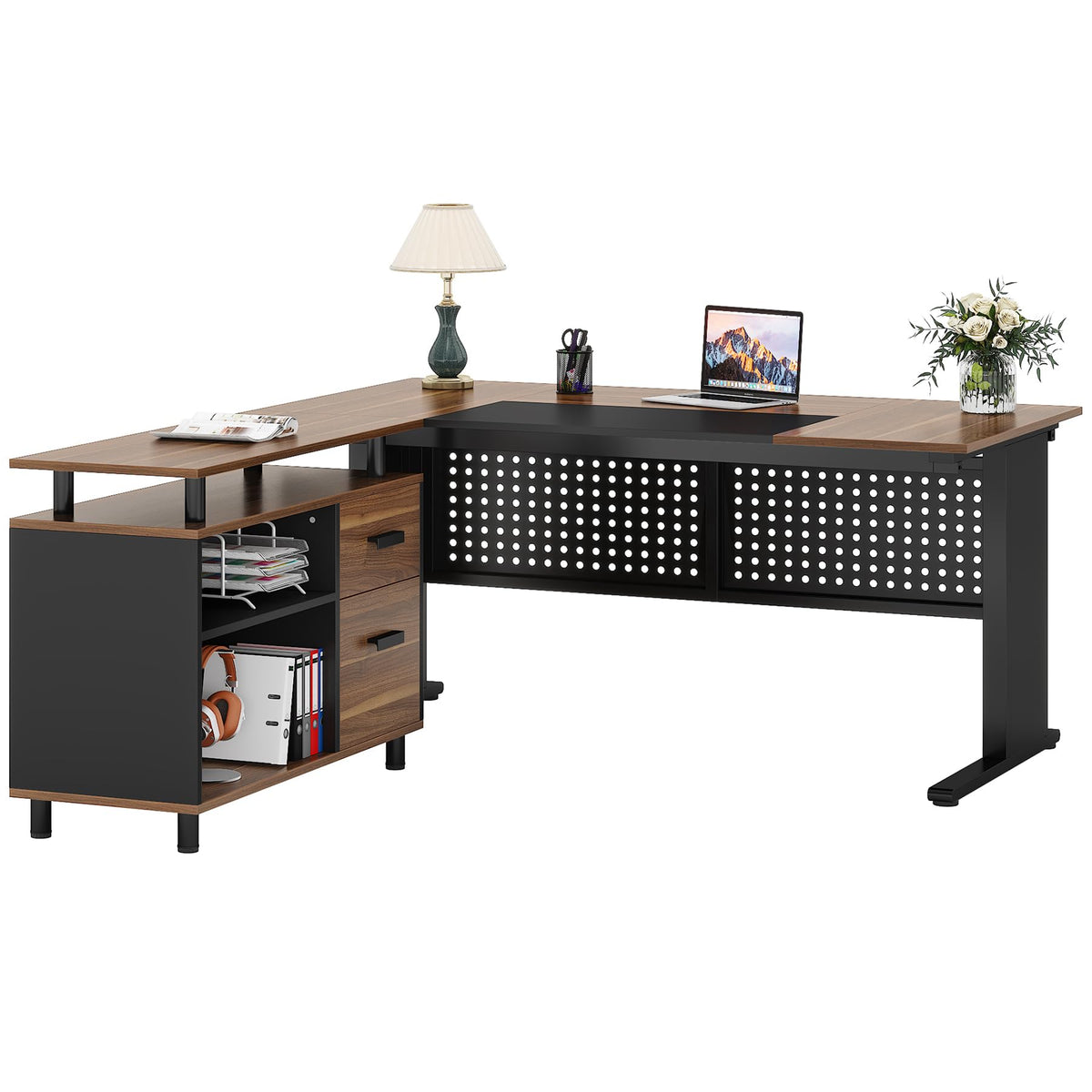 63 Inch L Shaped Computer Desk with File Cabinet and Storage Shelves X399720