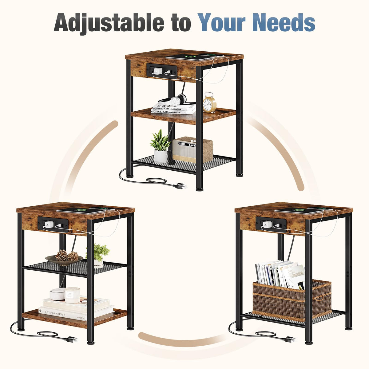 Nightstand with Charging Station, 3-Tier Bedside Table G457358