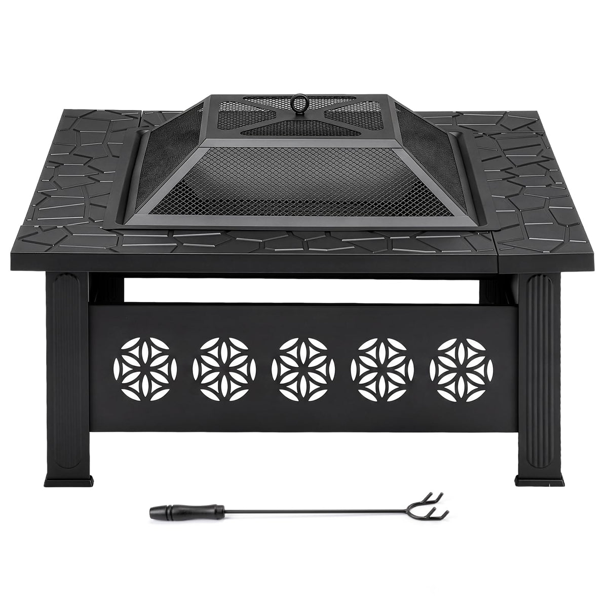 32 Inch Square Wood Burning Fire Pit Table with Spark Screen Lid and Fire Poker T229492
