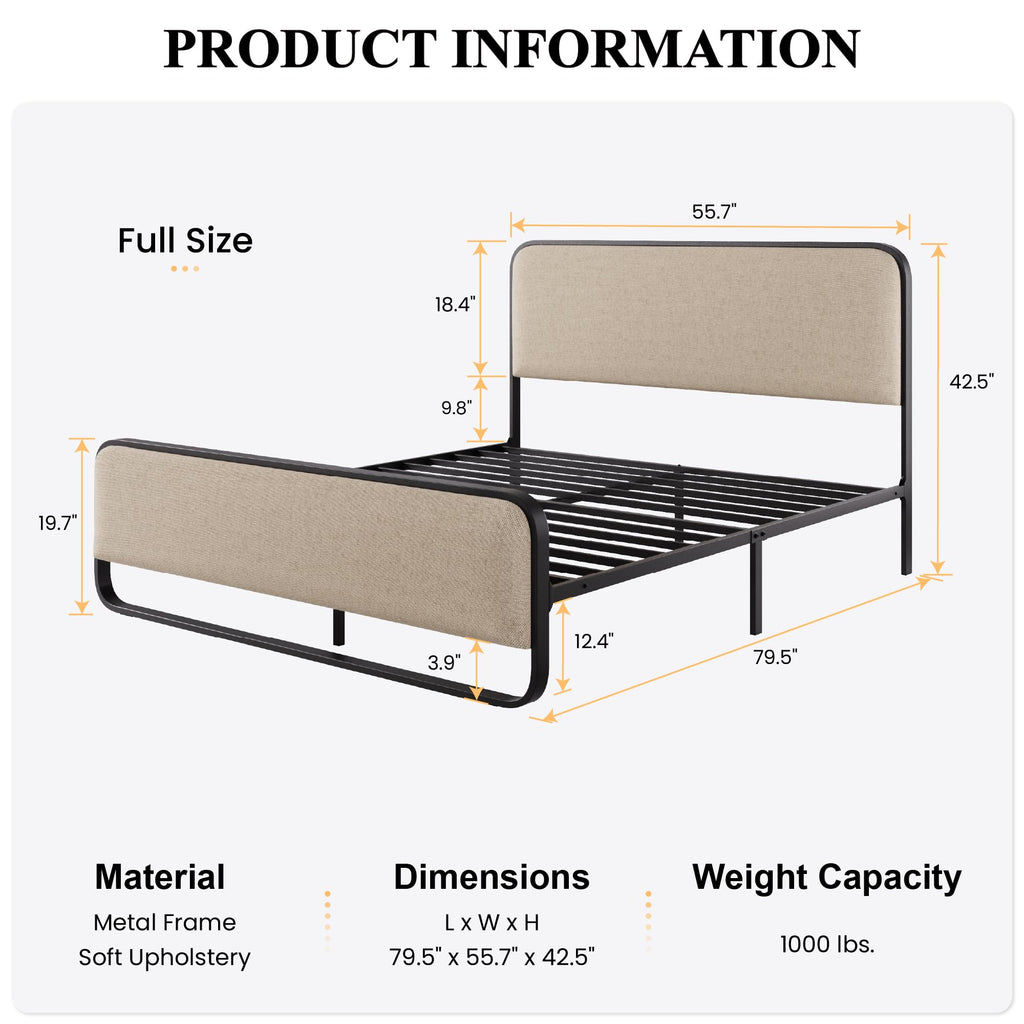 Full Size Metal Bed Frame with Upholstered Headboard D122497