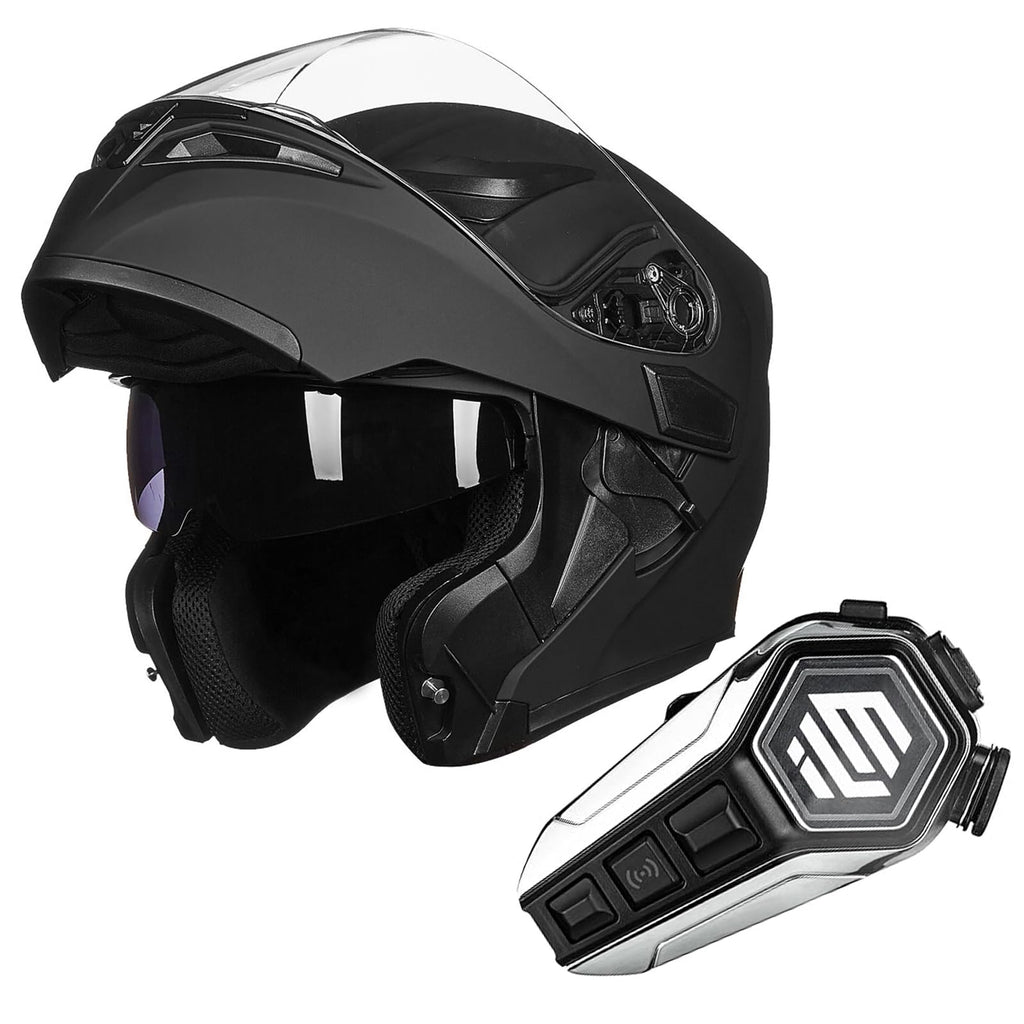 Matte Black Modular Full Face Motorcycle Helmet and Bluetooth Headset R8026