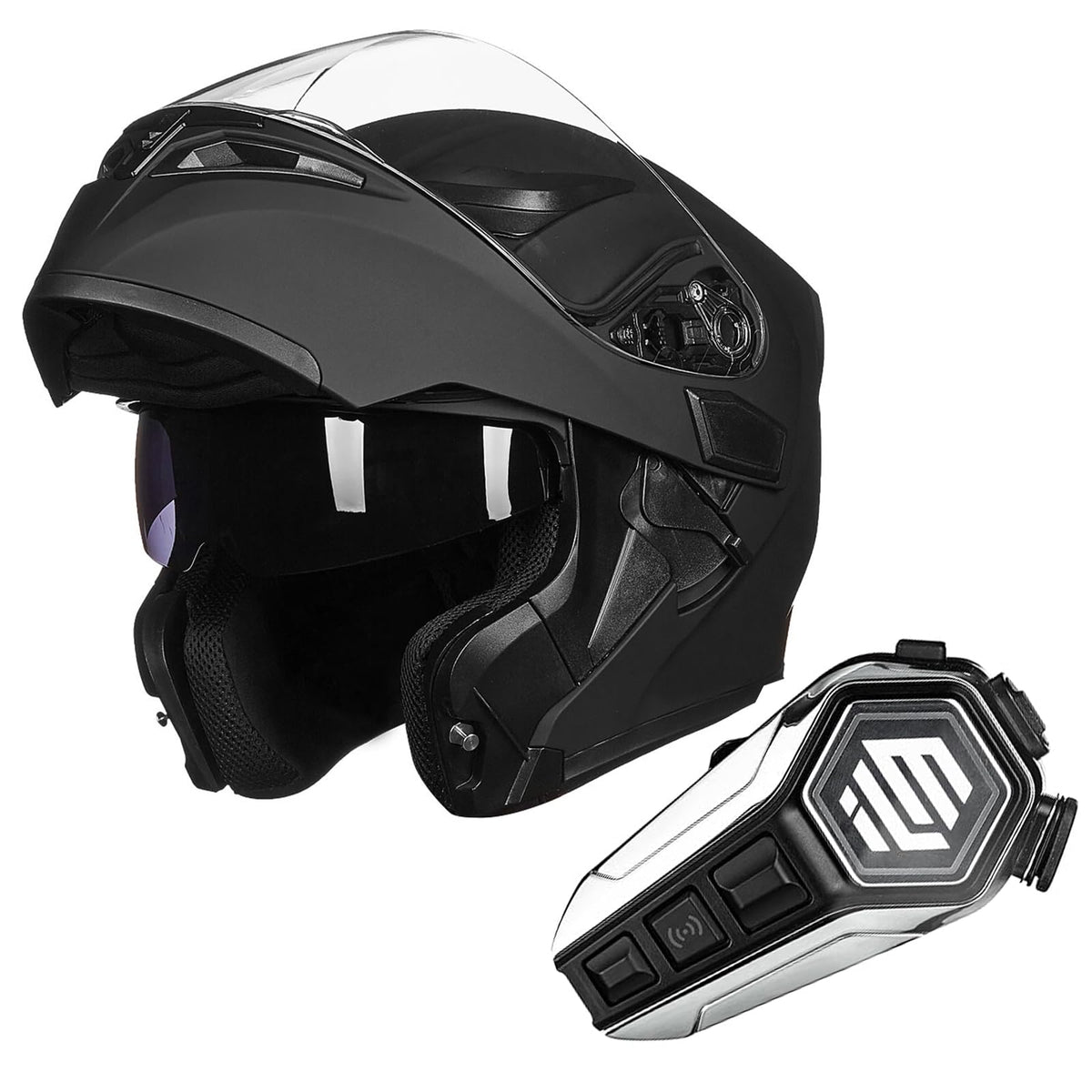 Matte Black Modular Full Face Motorcycle Helmet and Bluetooth Headset R8026
