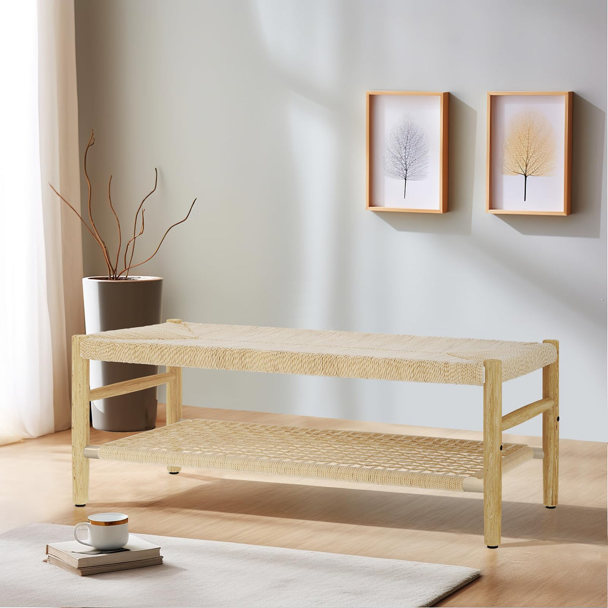 Indoor Entryway Bench with Storage Rack and Rubber Wood Legs I779