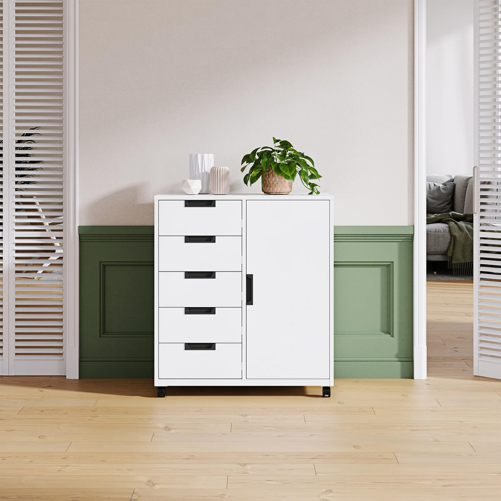 White 5 Drawer Storage Cabinet with Shelves and Door A2091