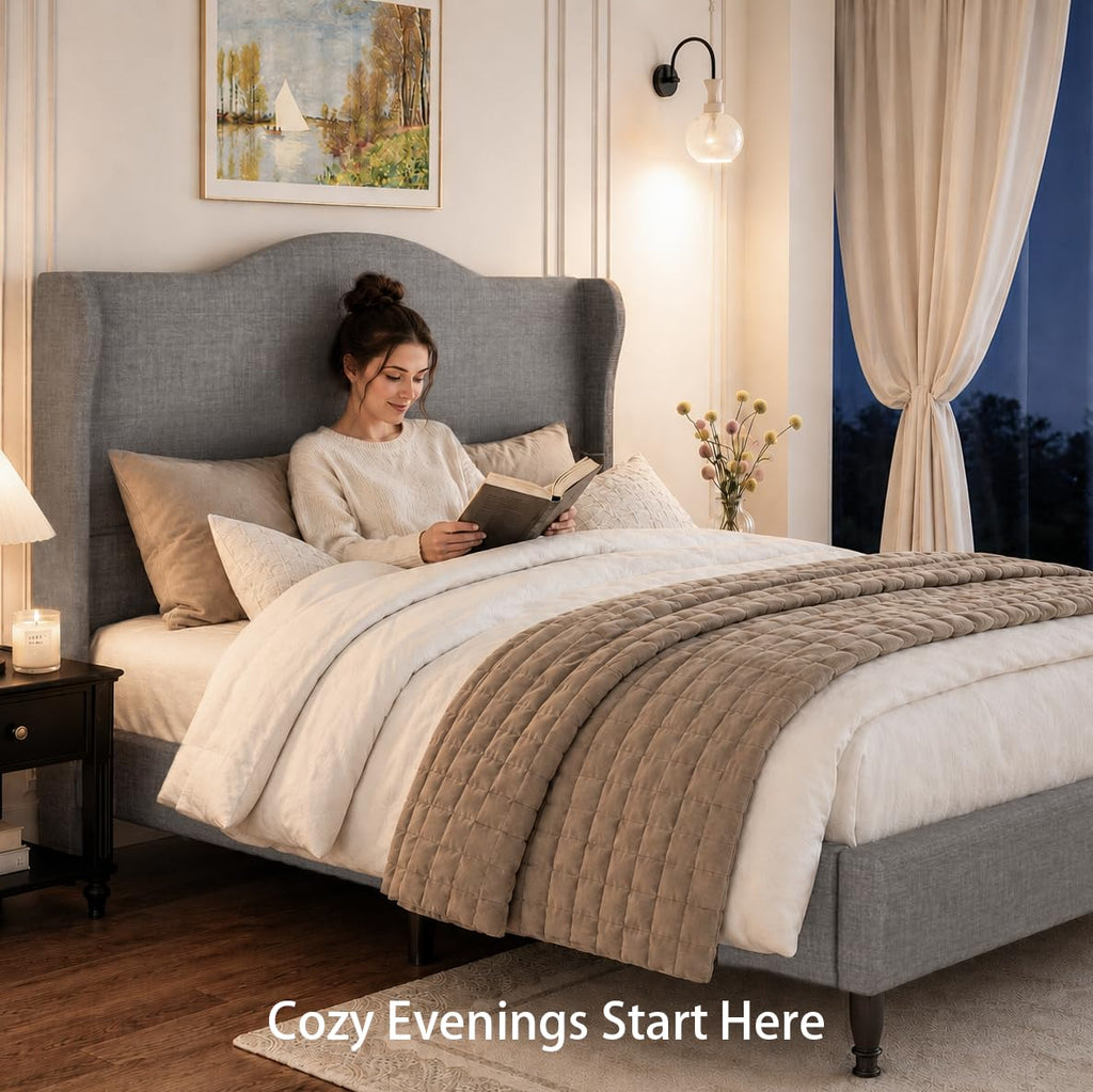 Queen Size Light Grey Upholstered Headboard Bed Frame S90842