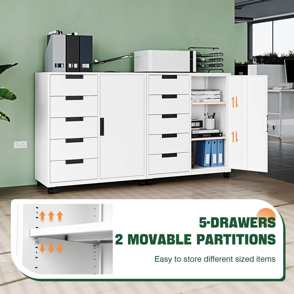 White 5 Drawer Storage Cabinet with Shelves and Door A2091