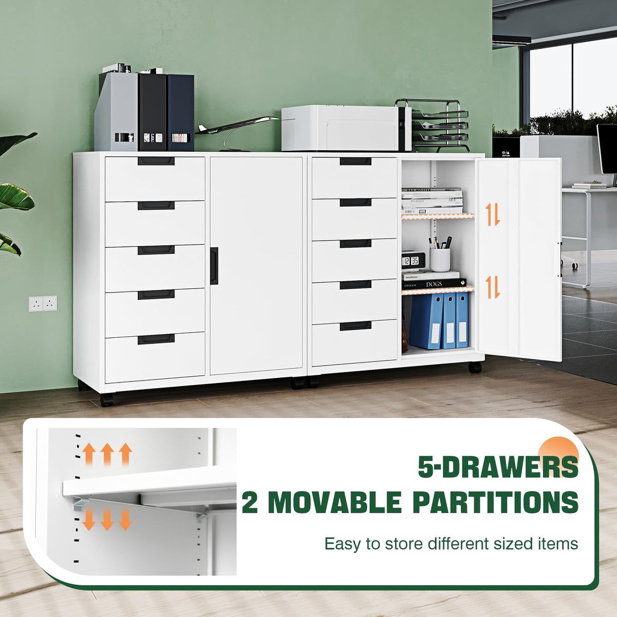 White 5 Drawer Storage Cabinet with Shelves and Door A2091