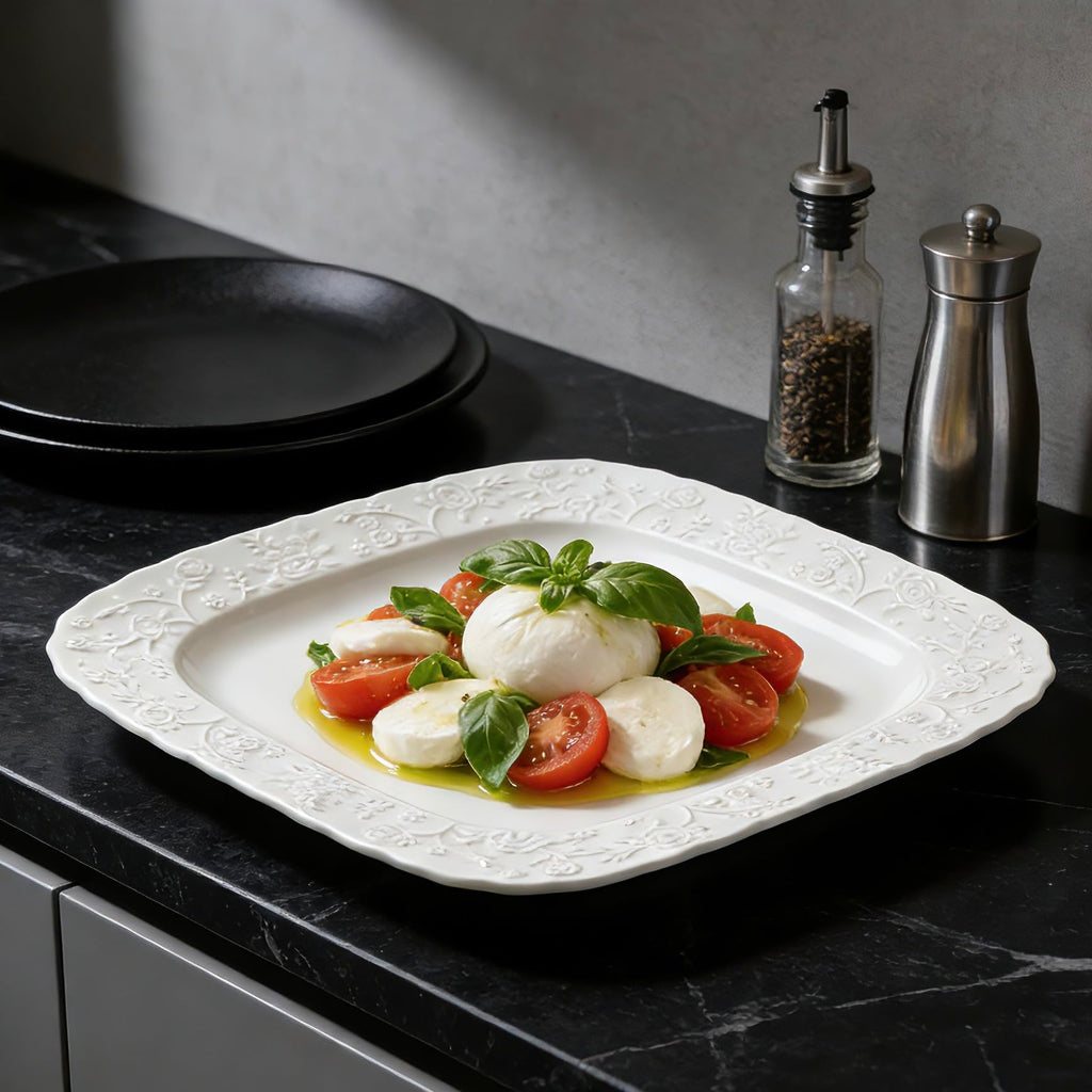 Ceramic Square Dinner Plates Set of 4, 10 & 12 Inch Embossed Salad Plates O976282