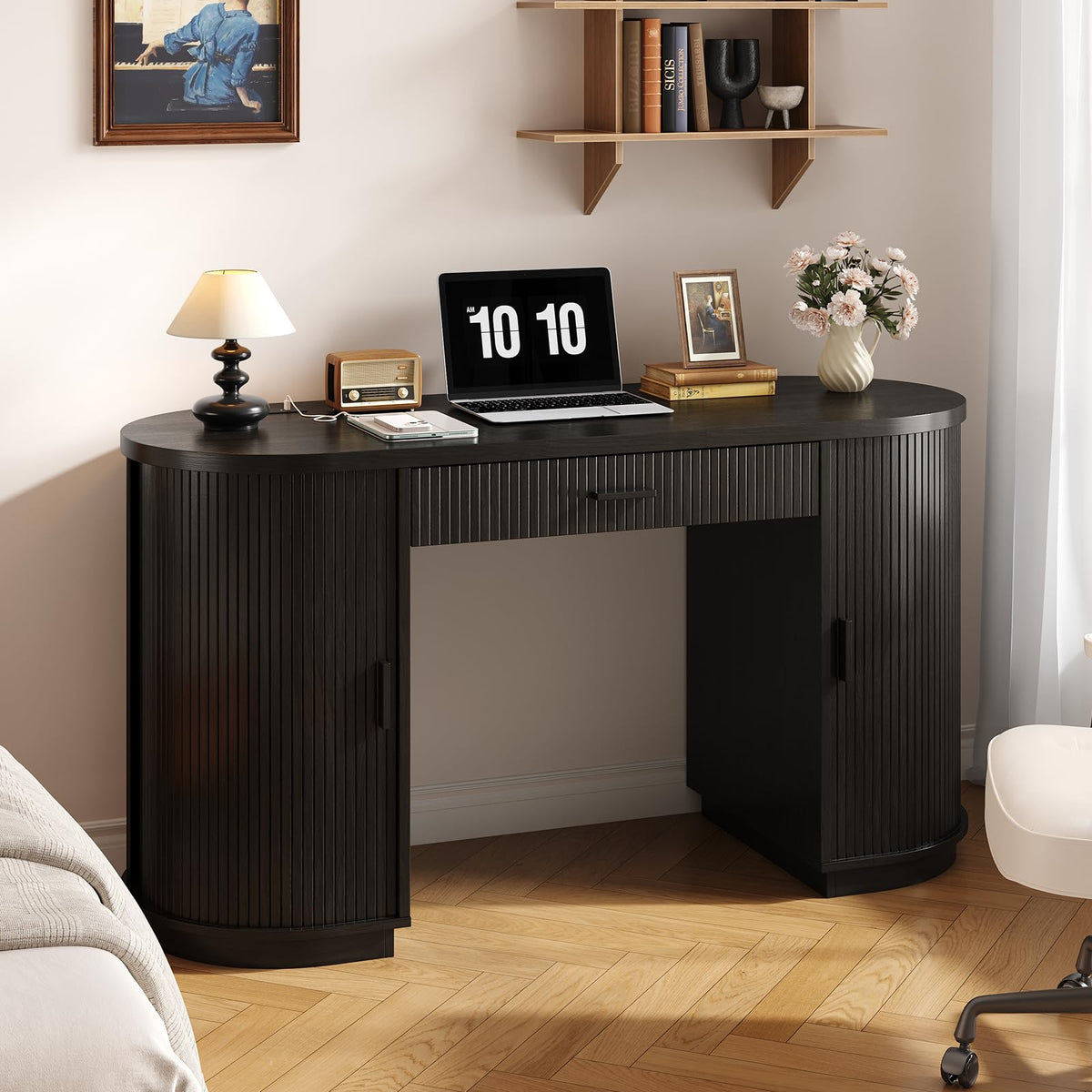 58" Fluted Executive Desk with Storage Drawer, Black V13300