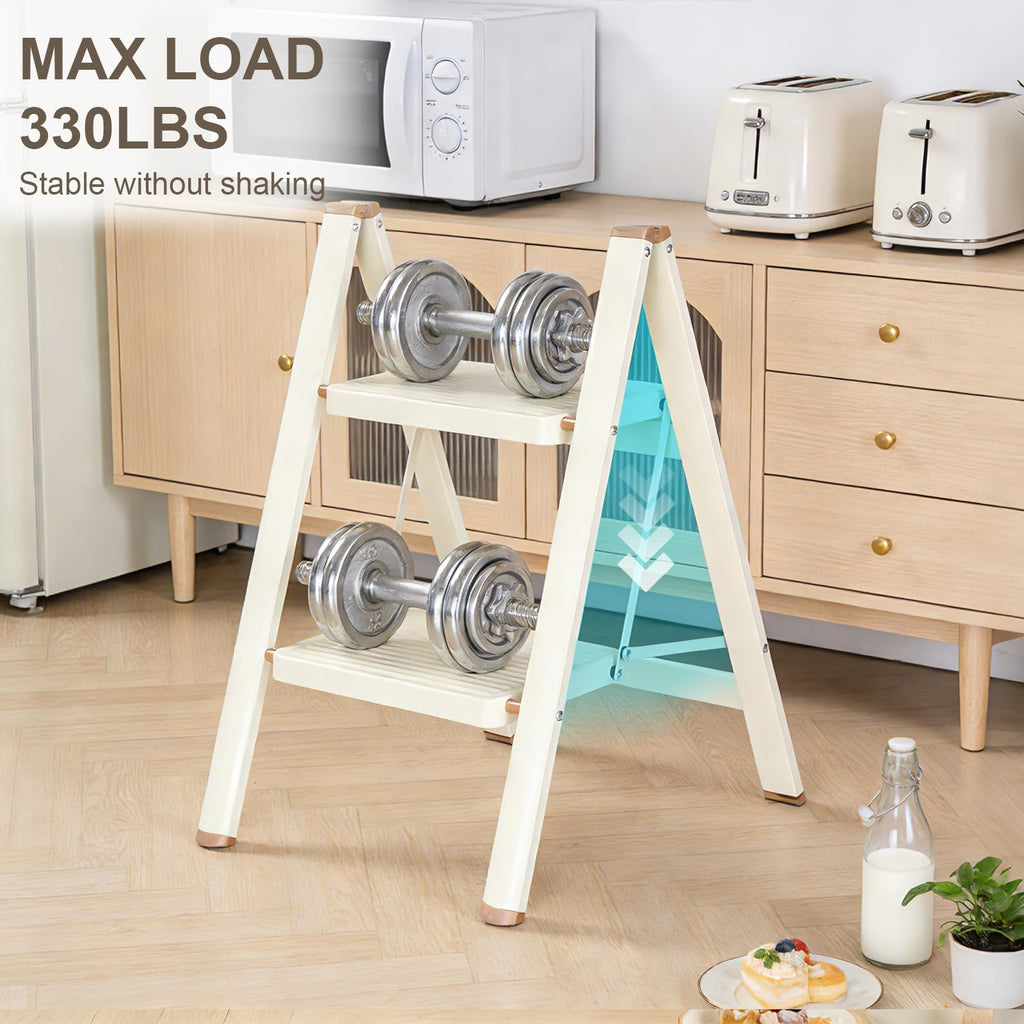 2 Step Ladder Folding Step Stool with Anti-Slip Pedal 330LBS Capacity Cream White P602527