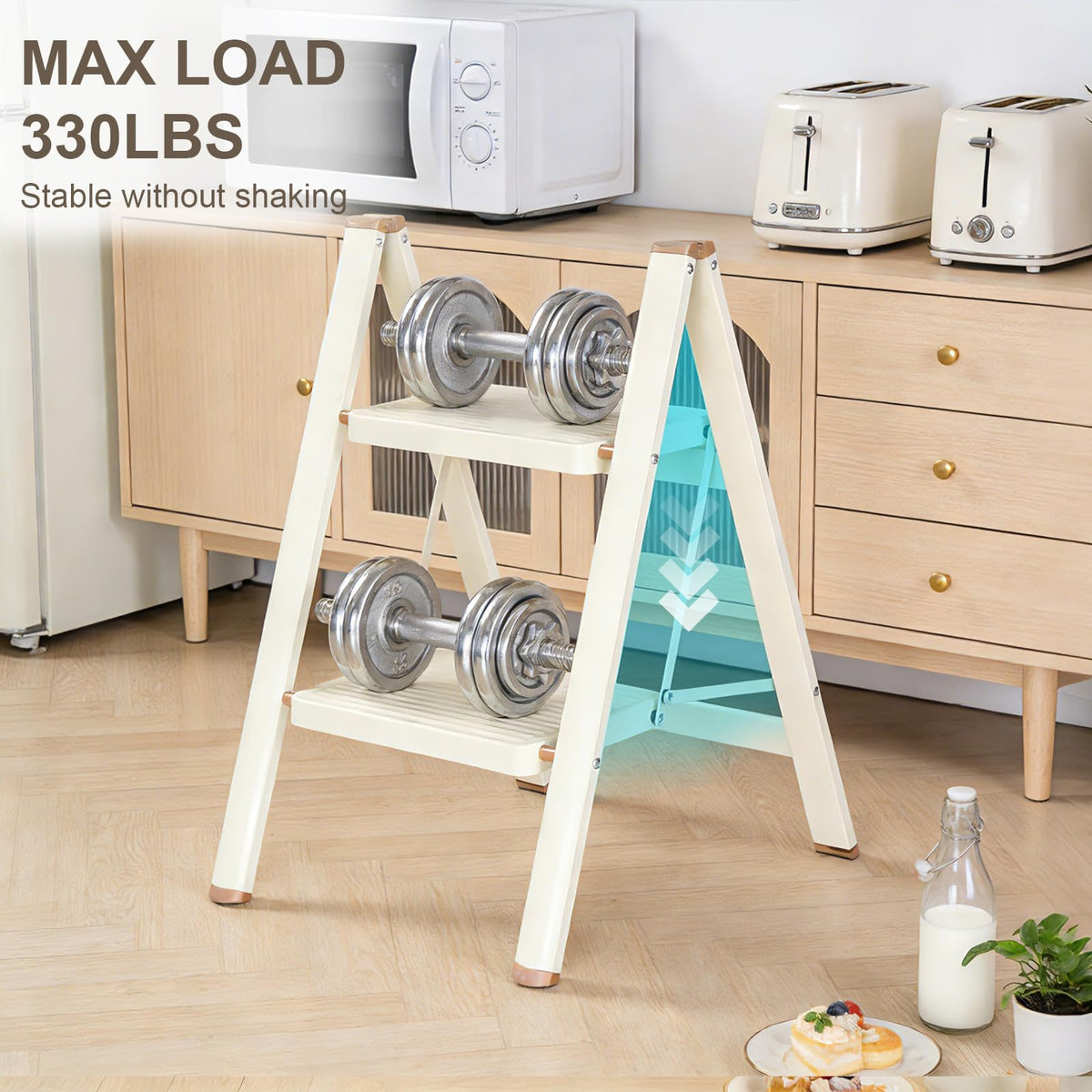2 Step Ladder Folding Step Stool with Anti-Slip Pedal 330LBS Capacity Cream White P602527