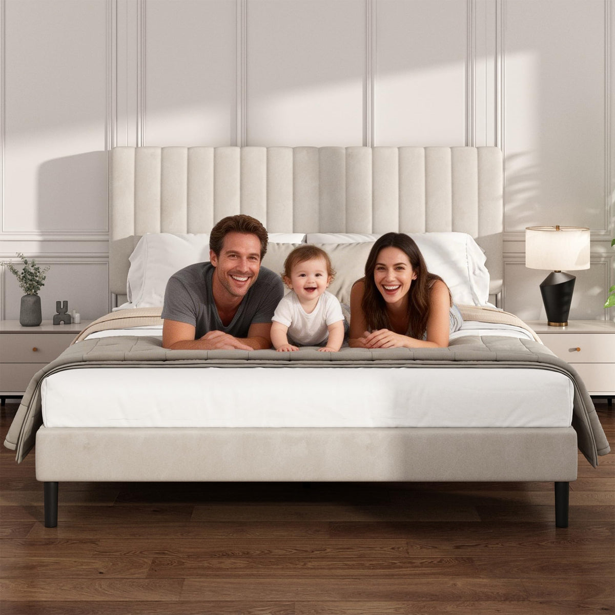 Beige Queen Velvet Bed Frame Y5032