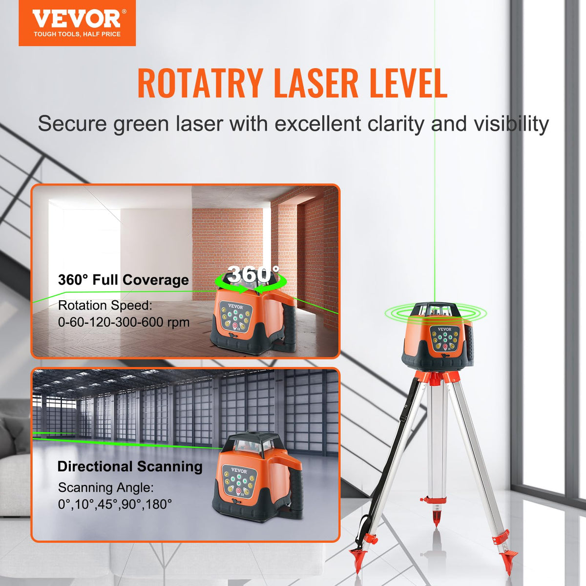 Green 360 Degree Self Leveling Rotary Laser Level Kit with Tripod & Staff X30890