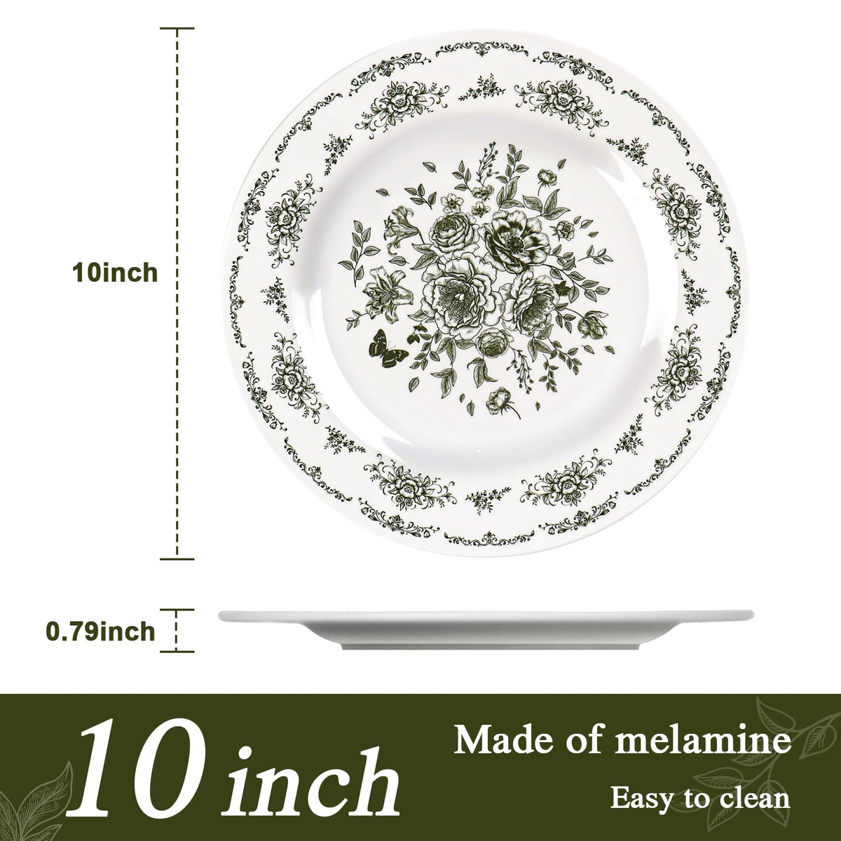 12 Piece 10 inch Green and White Floral Melamine Dinner Plates V964