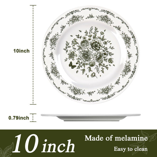 12 Piece 10 inch Green and White Floral Melamine Dinner Plates V964