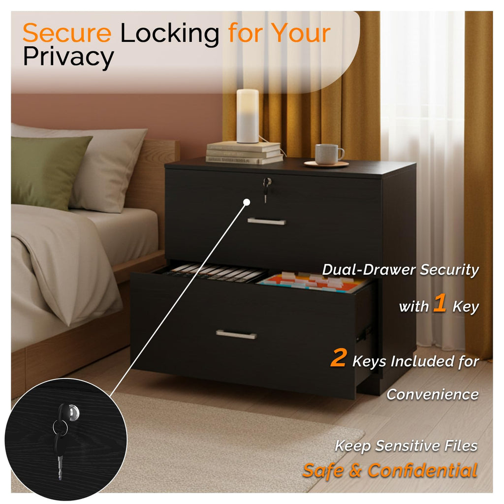 Black 2 Drawer Wood Lateral File Cabinet with Lock M255261
